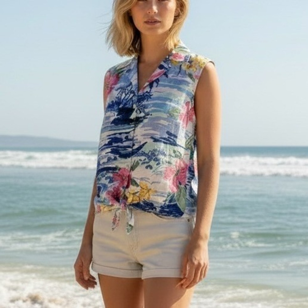 Tommy Bahama Linen Top Womens XS Blue Pink Tropical Floral Tie Front Sleeveless